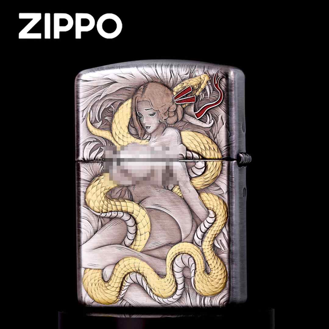  zippo打火机正品/熏银鎏金蛇女双面雕刻收藏防风【达人专属】