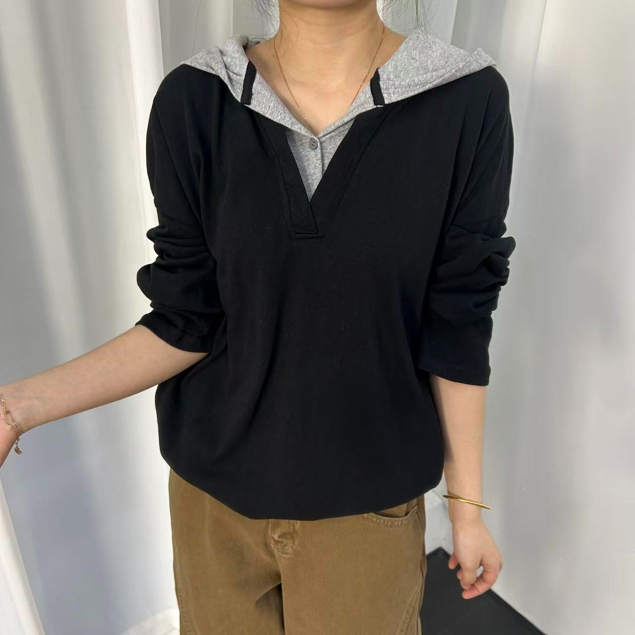 Sinbal Farm 秋季新款拼色连帽假两件长袖T女