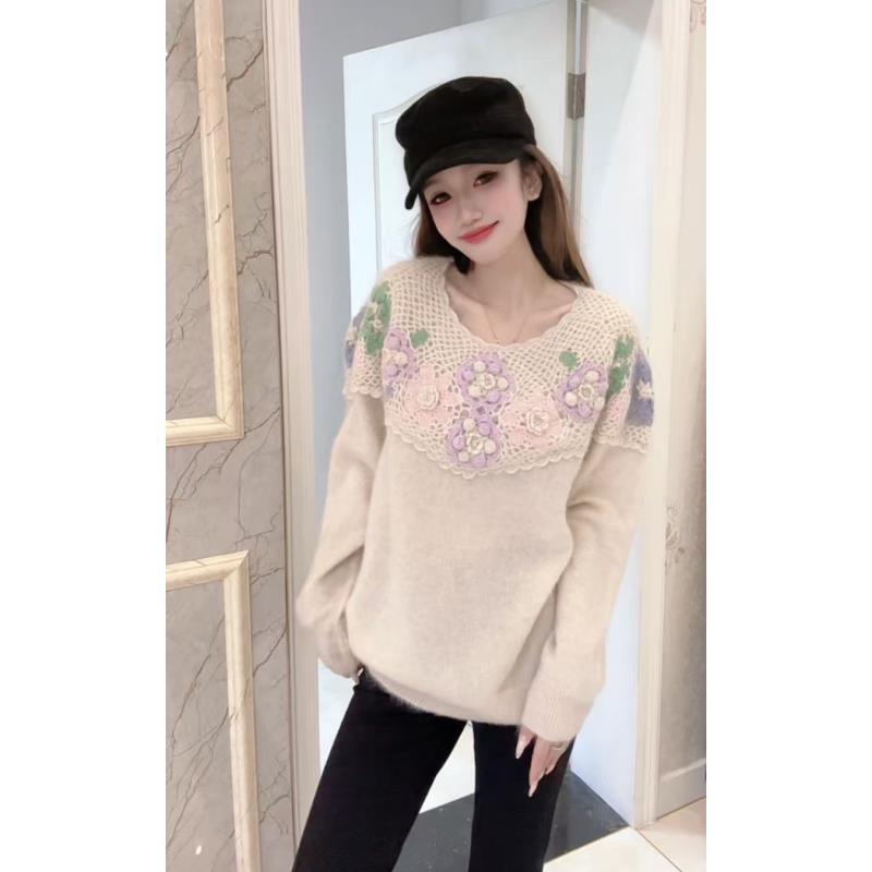 【100山羊绒】拉绒工艺251520-重工时尚手工钩花花朵图案针织套头衫