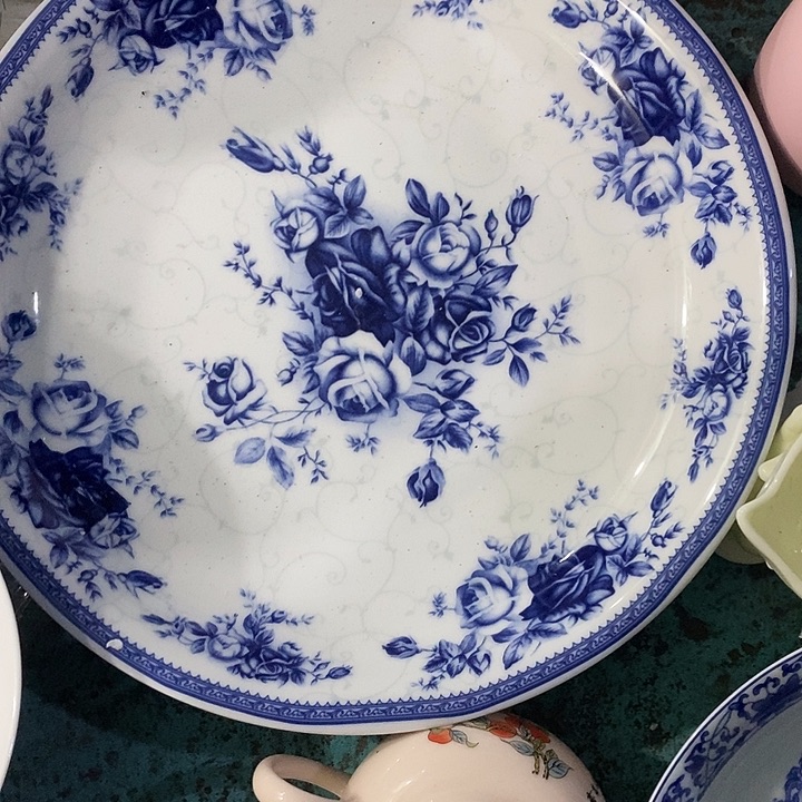 摆件瓷10寸青花皇家玫瑰窝盘红叶