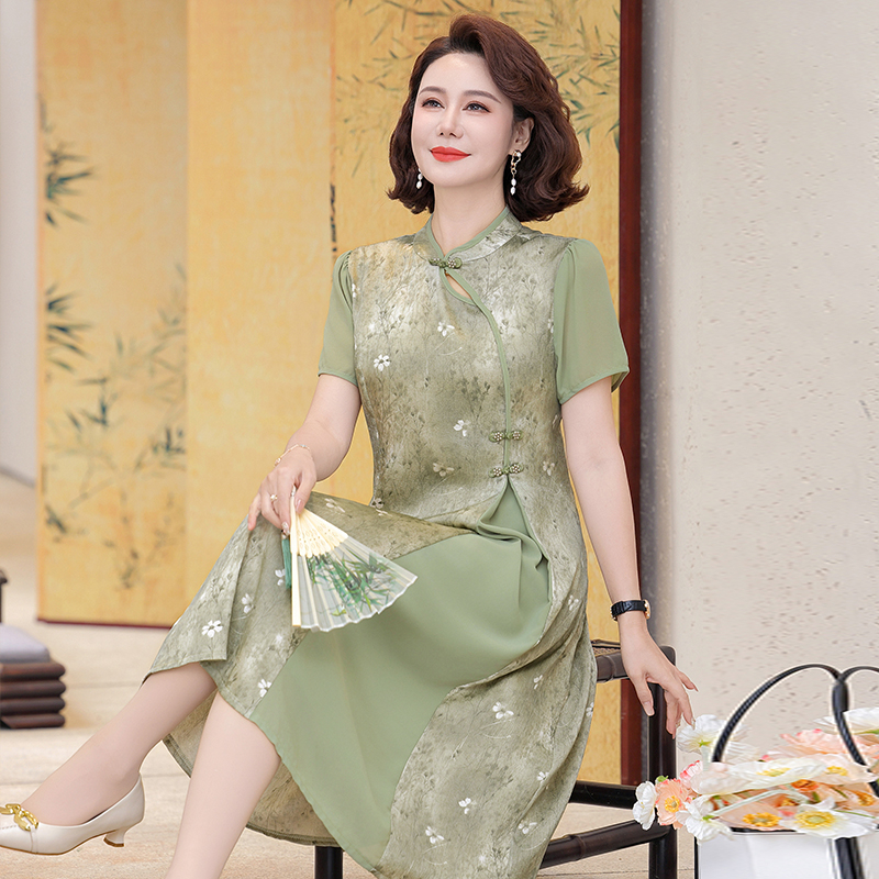 汉服薄款中国风纯色夏季立领中老年女装连衣裙中长款女装