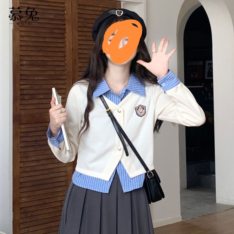 胖mm210斤学院韩系风假两件衬衫上衣2025新款设计感小众polo