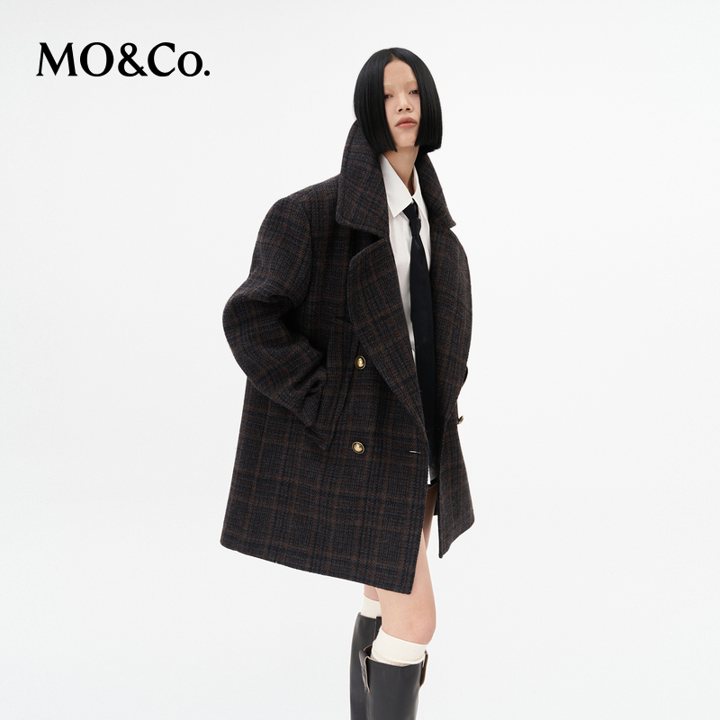 MOCO冬季宽松格纹绵羊毛大衣外套MBC4OVC012