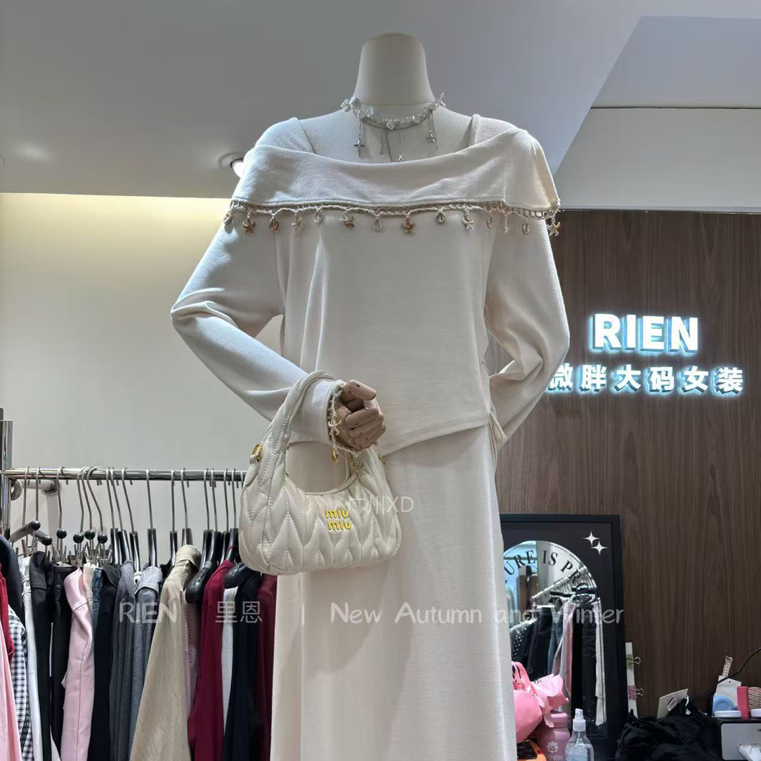 法式假两件长袖复古方领抽绳收腰中长连衣裙春秋款