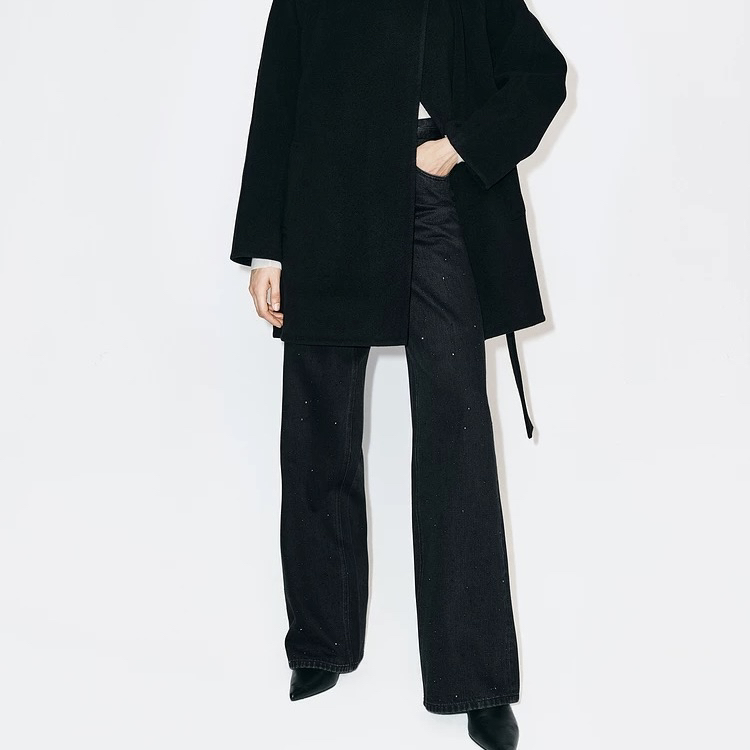 现货摇滚烫钻棉质中腰宽直筒牛仔裤女冬重工水洗阔腿裤