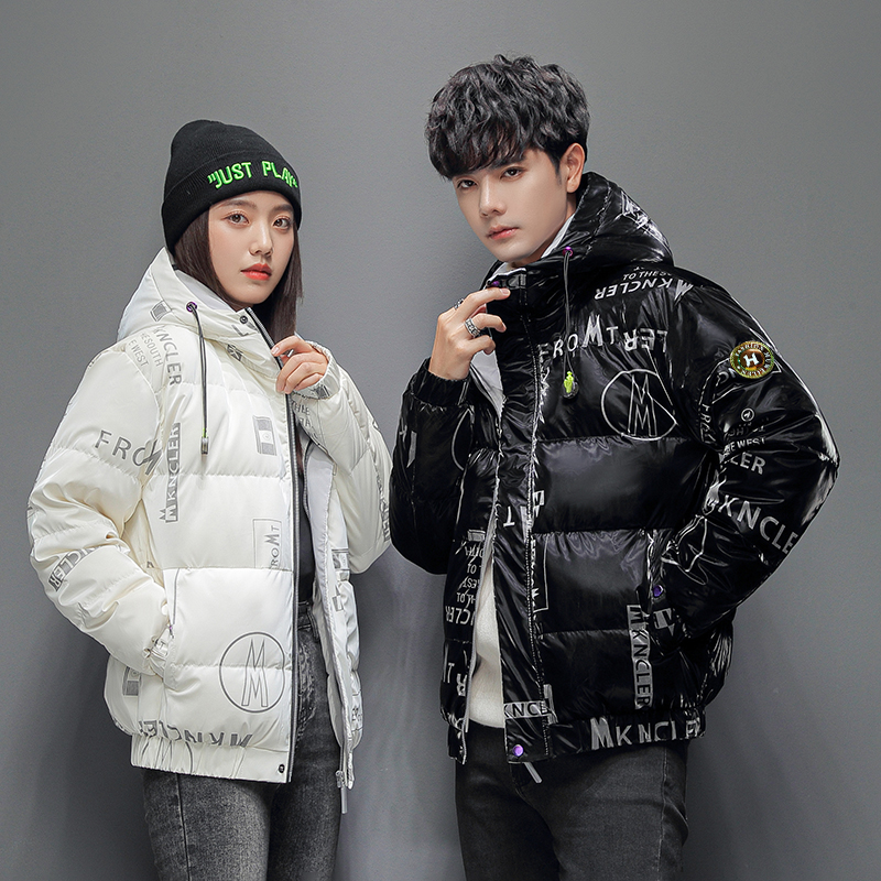 蒙口平羽绒服男女同款冬季加厚亮面短款青少年潮牌大码保暖外套男