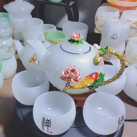 羊脂玉瓷琉璃中式珐琅彩年年有余一壶六杯礼盒套装