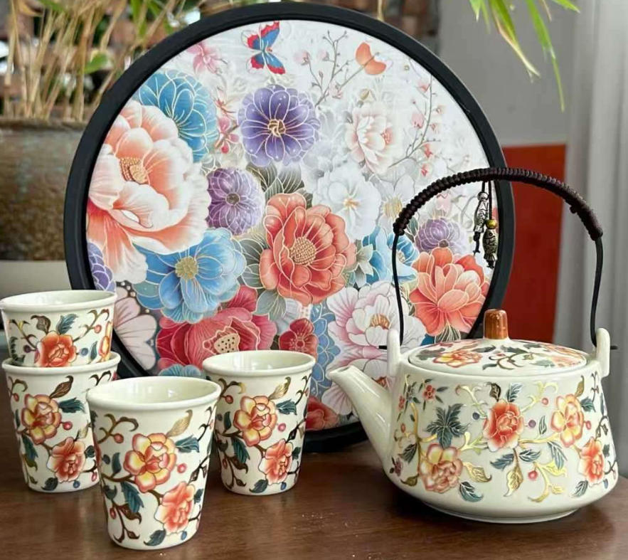 金玫瑰陶瓷提梁壶一壶四杯一盖碗加吸水茶盘整套功夫茶具家用套装