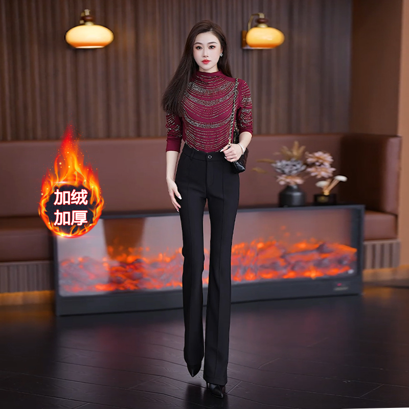 加绒加厚遮肉百搭显瘦气质微喇裤秋冬高腰垂感黑色外穿喇叭女裤