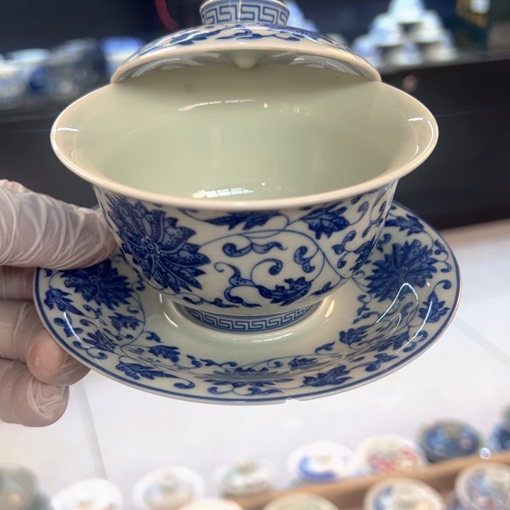 瓷片白青花缠枝莲元宝盖碗全品