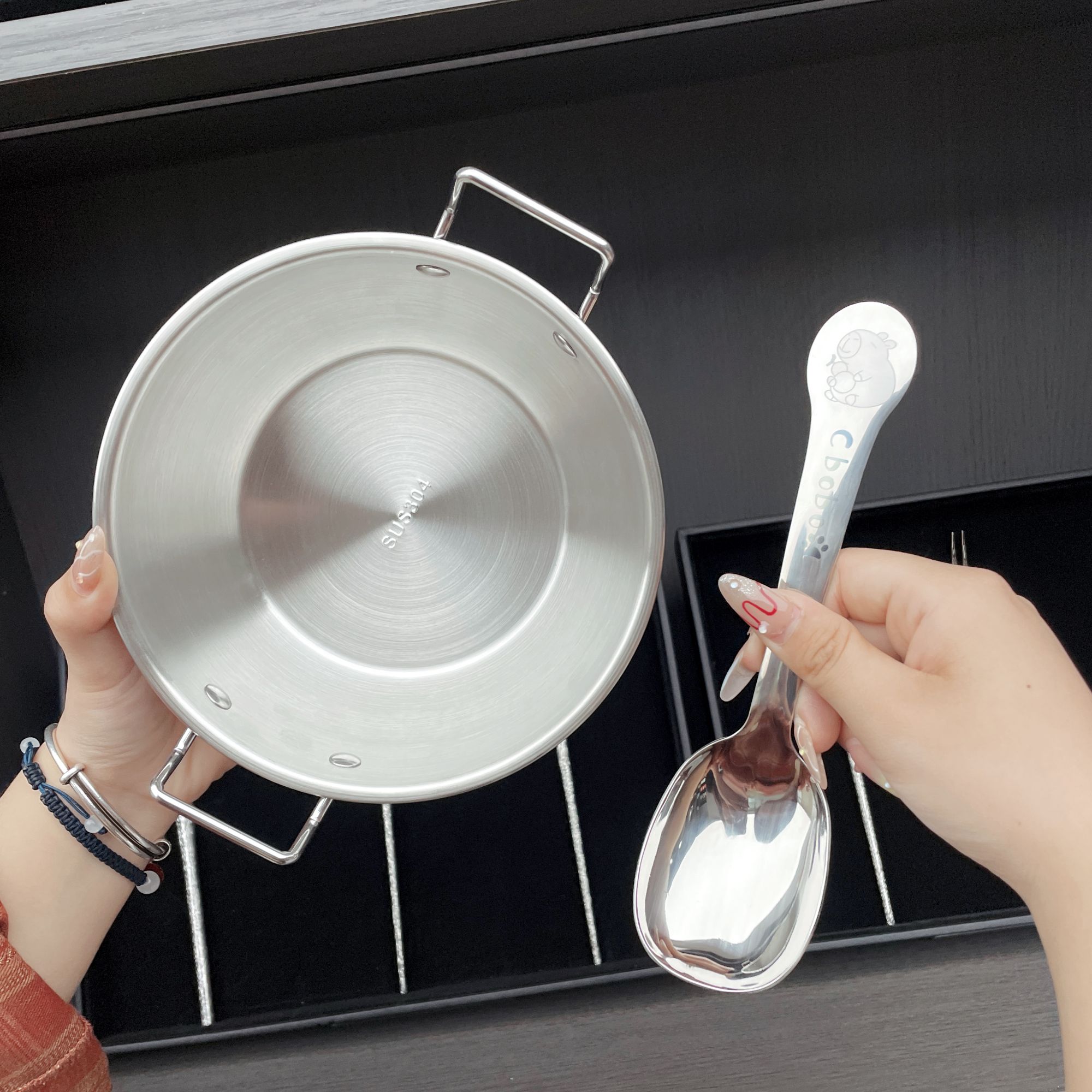 勺碗套装 福禄满满18-10卡皮福禄超大号勺碗套装17CM大号双耳碗 