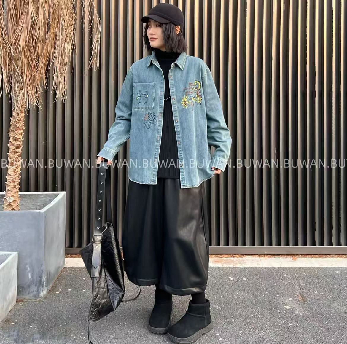 98062-3792 牛仔衬衫领单排扣厚款百搭牛仔衣