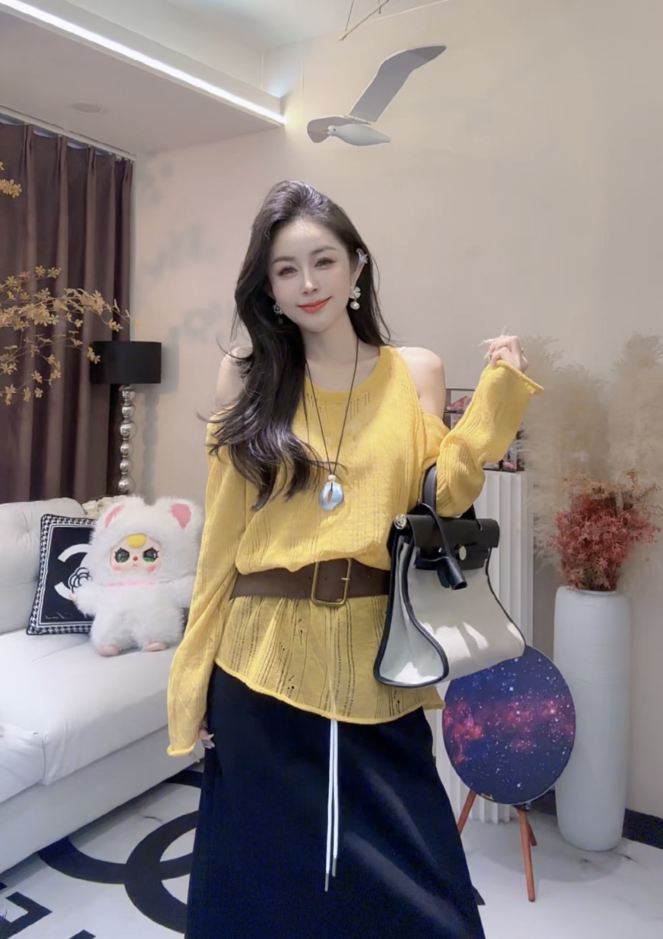 L.X~设计感露肩长袖T恤针织衫女宽松防晒罩衫慵懒松弛感上衣6763