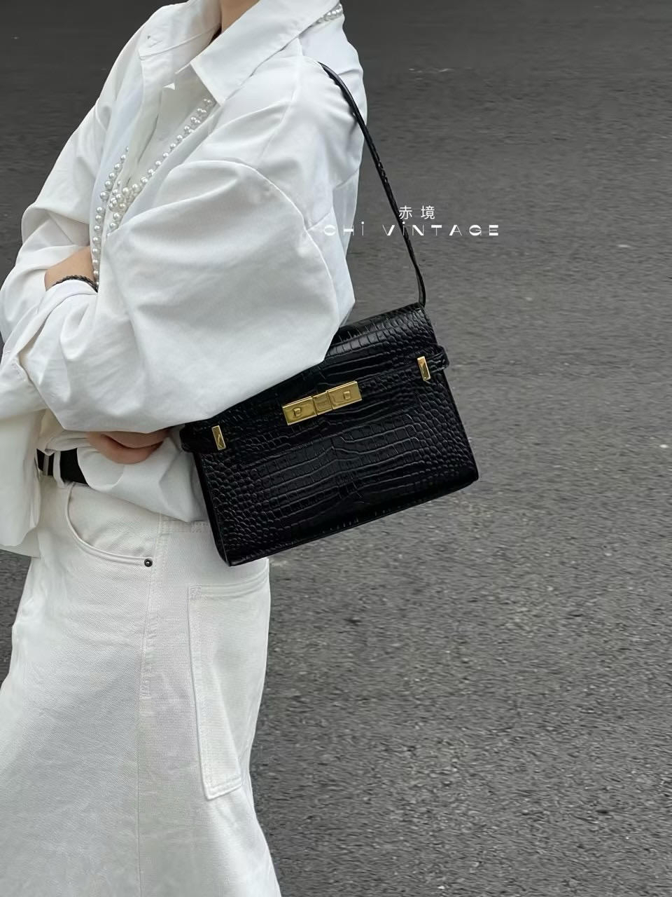 99新 YSL/圣罗兰 5271 黑金鳄鱼压纹曼哈顿单肩包中号