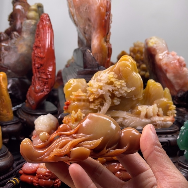 寿山石寿桃摆件笔架