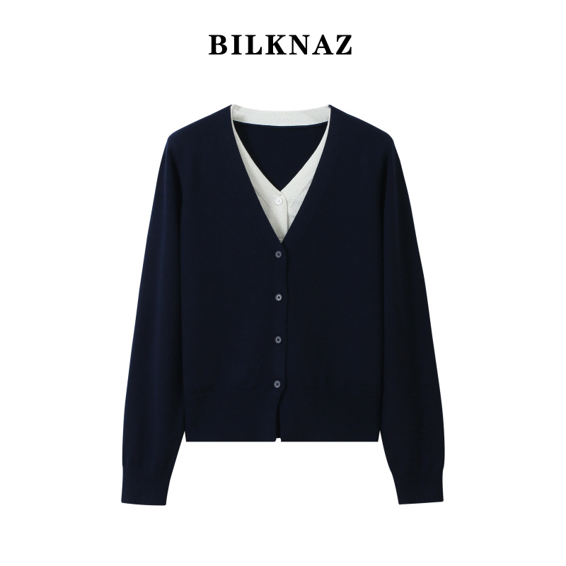 BILKNAZ2025秋冬上新假两件显瘦宽松开衫打底衫S6081