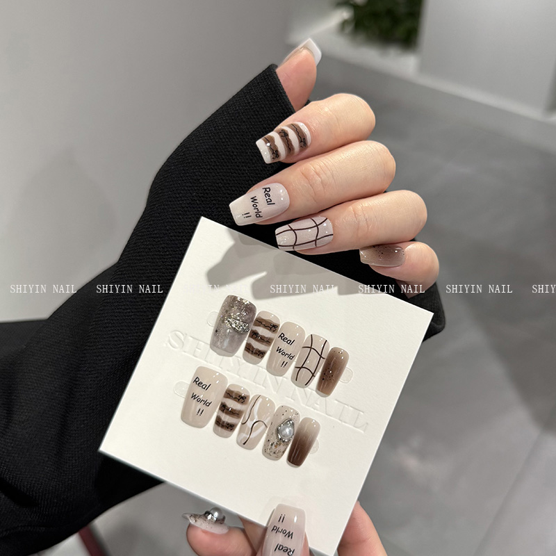 CPY-72棕系涂鸦ins风百搭爆款网红中方成品穿戴甲显白通勤可拆卸