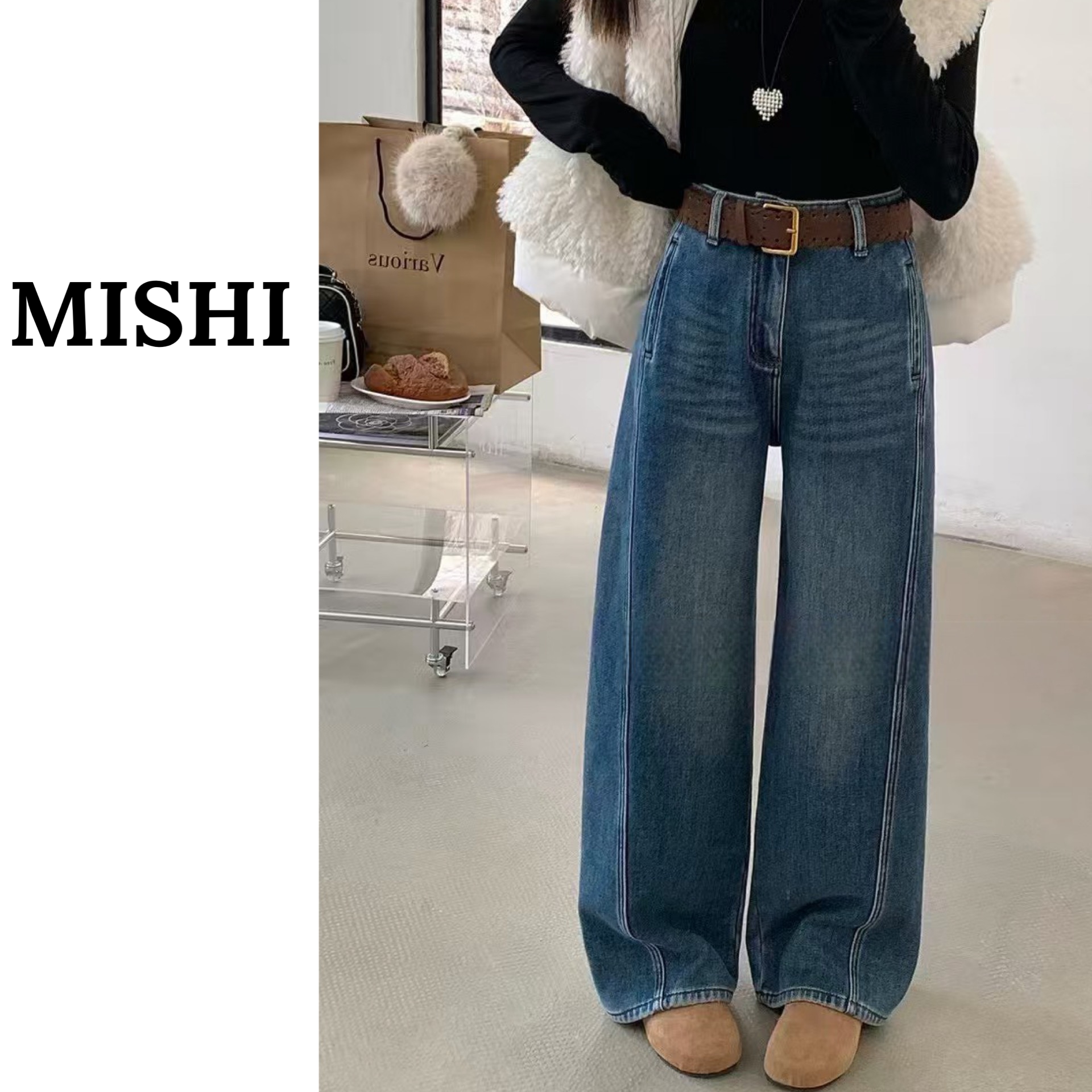 谜使.秋冬新款加厚加绒保暖弯刀直筒牛仔裤显瘦百搭时尚弯刀裤