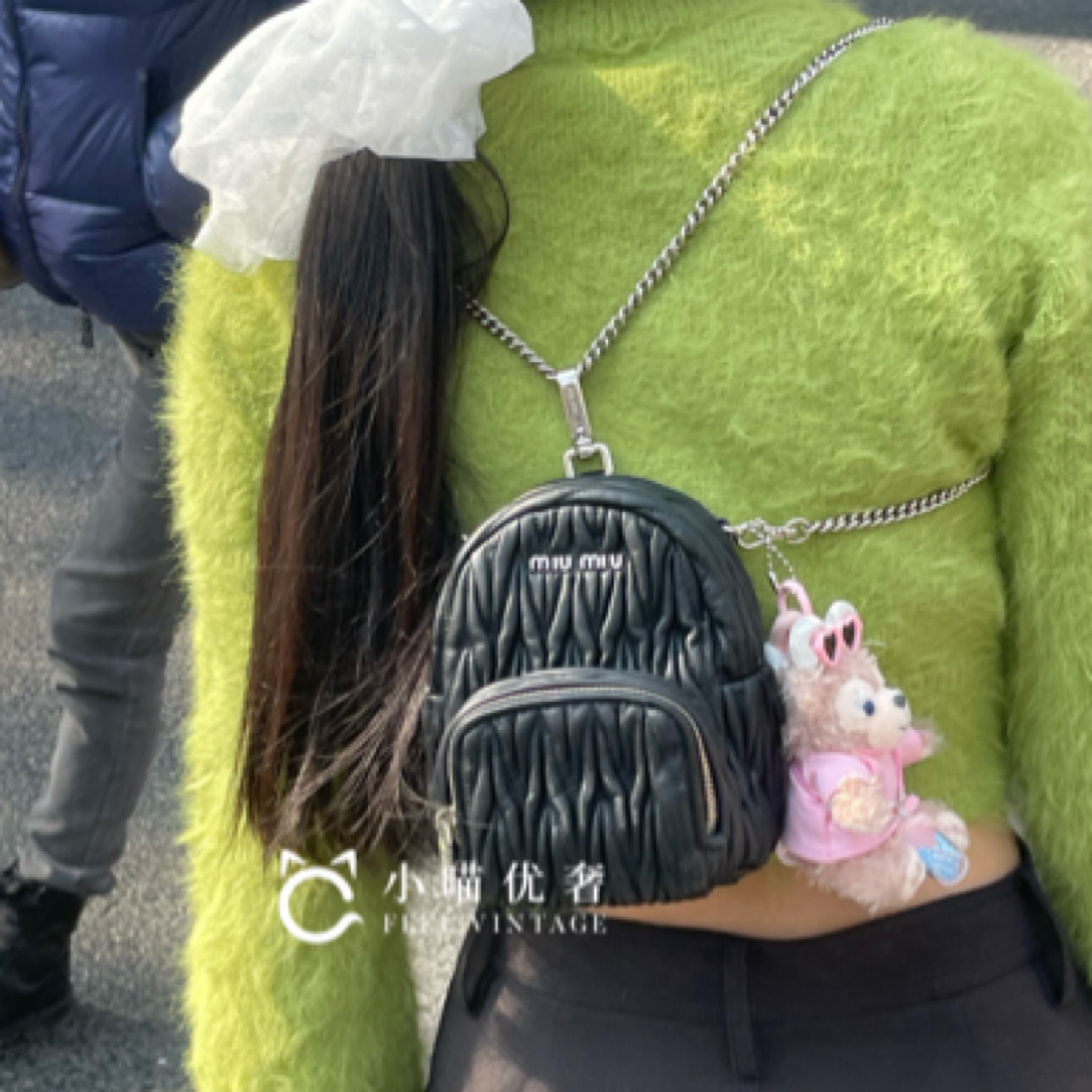 99新 MIU MIU/缪缪 黑银羊皮黑色褶皱mini链条小书包斜挎包女士