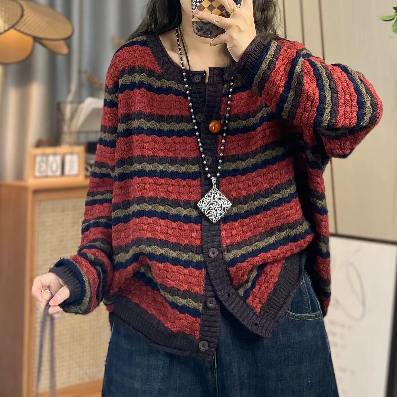 欣欣 圆领长袖针织开衫女文艺休闲复古条纹厚款毛衣针织衫
