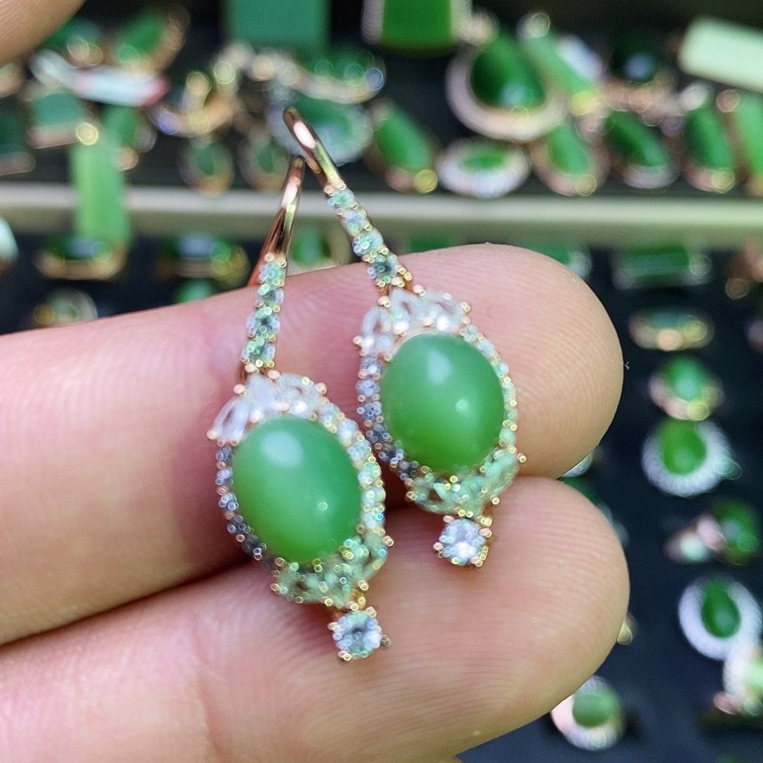 和田玉（碧玉）耳饰银S925镶嵌