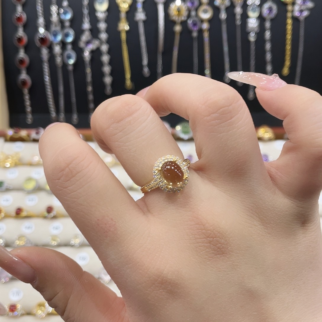黄晶戒指女银S925镶嵌