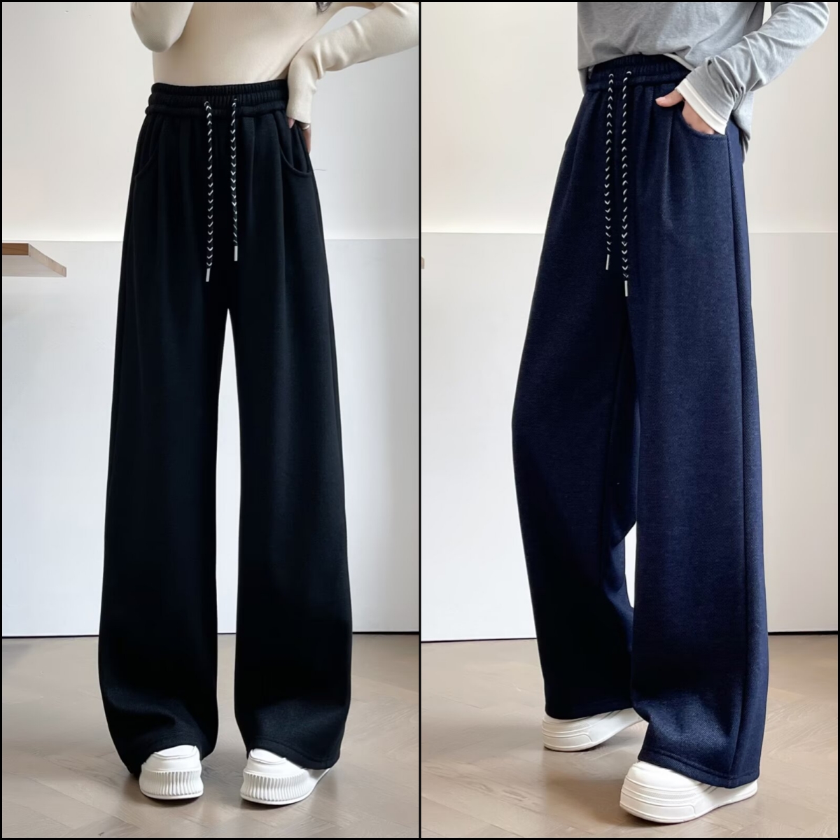 HUIZHIMEI/绘智美大码冬季新款休闲百搭高腰抽绳加绒直筒拖地裤女