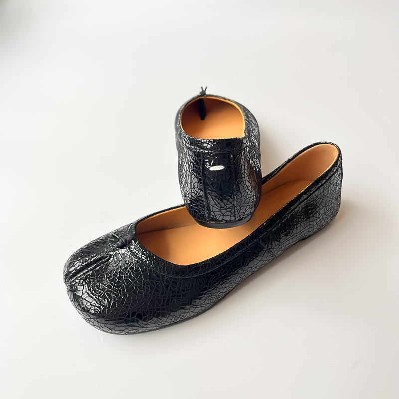 【老谭家】裂纹皮浅口法式平跟分趾鞋皮鞋单鞋平底鞋石头纹压纹黑色