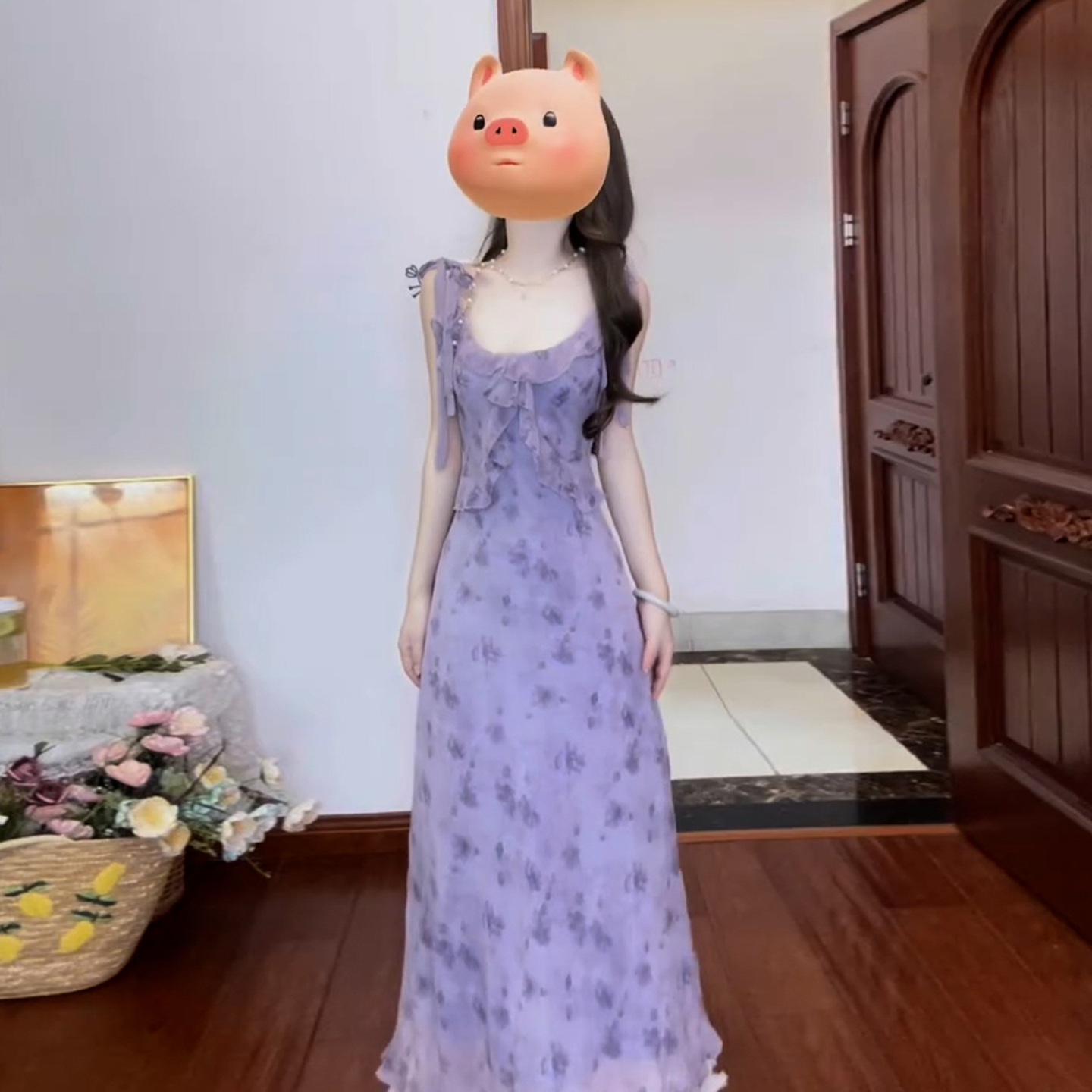 法式绝美紫色碎花女夏海边度假气质收腰长裙4309