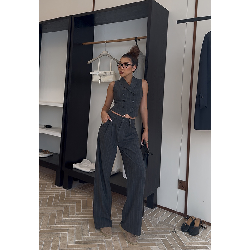 （小溪家）竖条纹西装马甲休闲直筒裤高腰显腿长显瘦裤子设计感