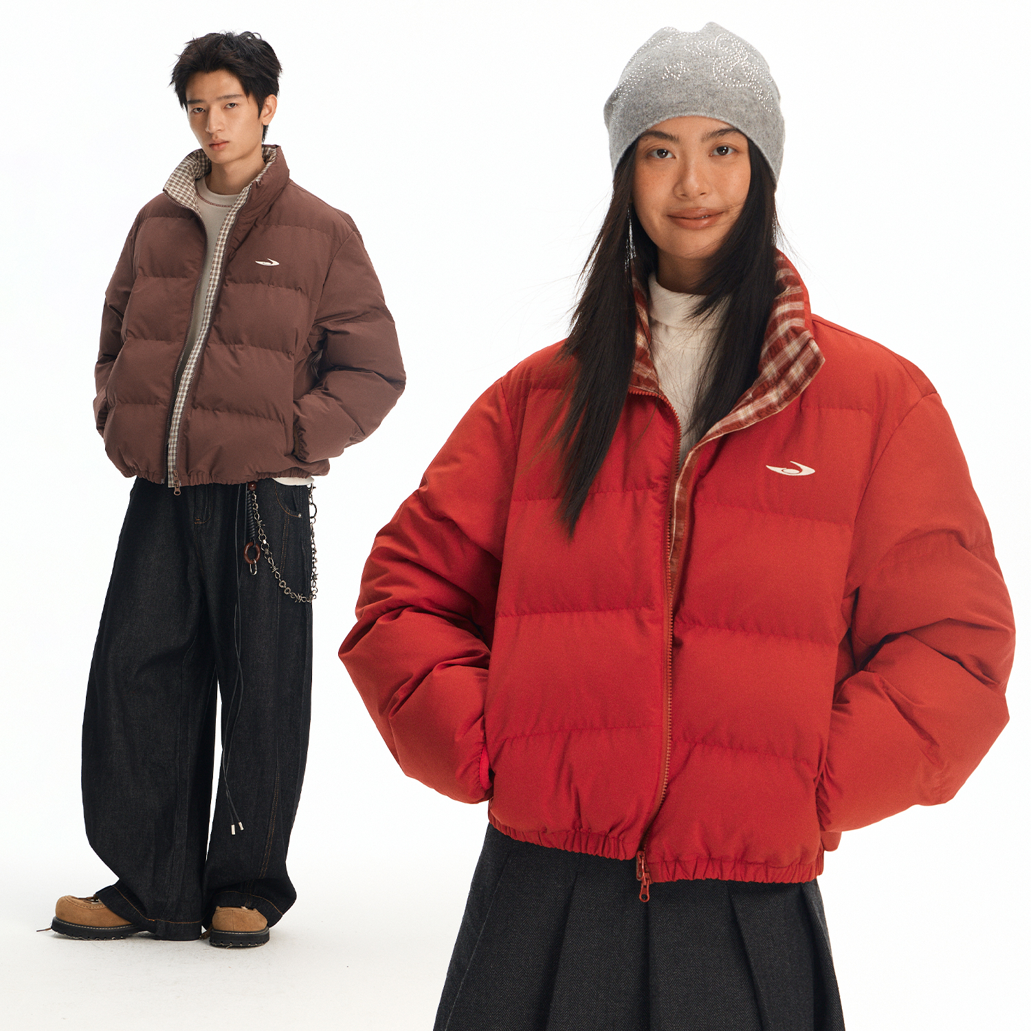 江南先生NewJNXS复古新年立领拼接格子加厚棉服秋冬红色面包服