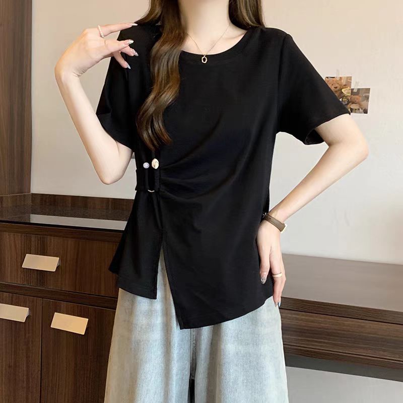 胖MM高级感短袖t恤大码女装短款欧若风修身收腰遮肉显瘦V领上衣夏