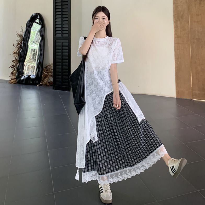 【马琦尧专属】夏季新款设计蕾丝衫+黑白格半身裙套装9166