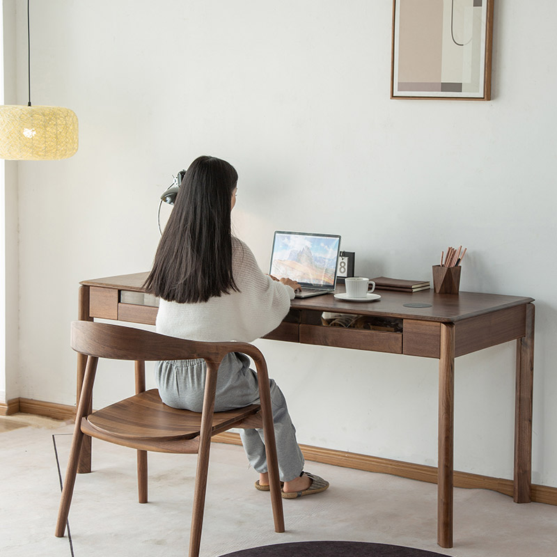 黑胡桃木书桌北欧简约现代电脑桌实木书房办公日式抽屉轻奢写字桌