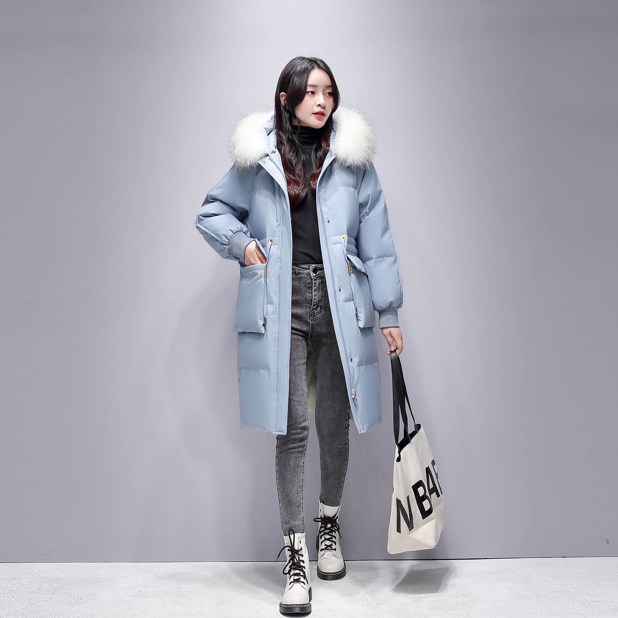 2025冬季韩版加厚大毛领防风大口袋中长款个性羽绒服外套女30608