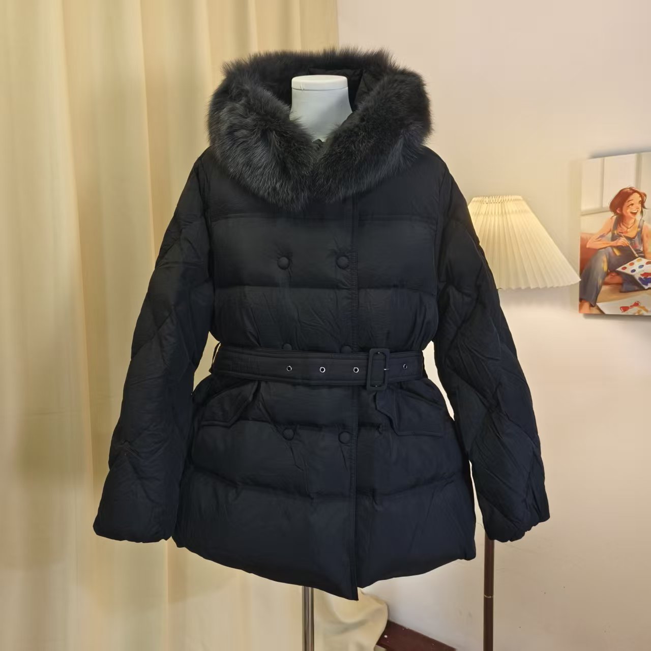 可可V*OV哑光肌理感本布包扣 80/20鹅绒羽绒服狐狸毛领可拆卸腰带