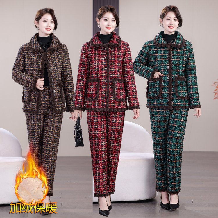 中老年加绒加厚冬季保暖翻领气质棉服棉裤家居服二件套妈妈装套装
