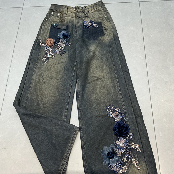 秋冬加绒重工刺绣高腰显瘦阔腿牛仔裤时尚百搭显腿长