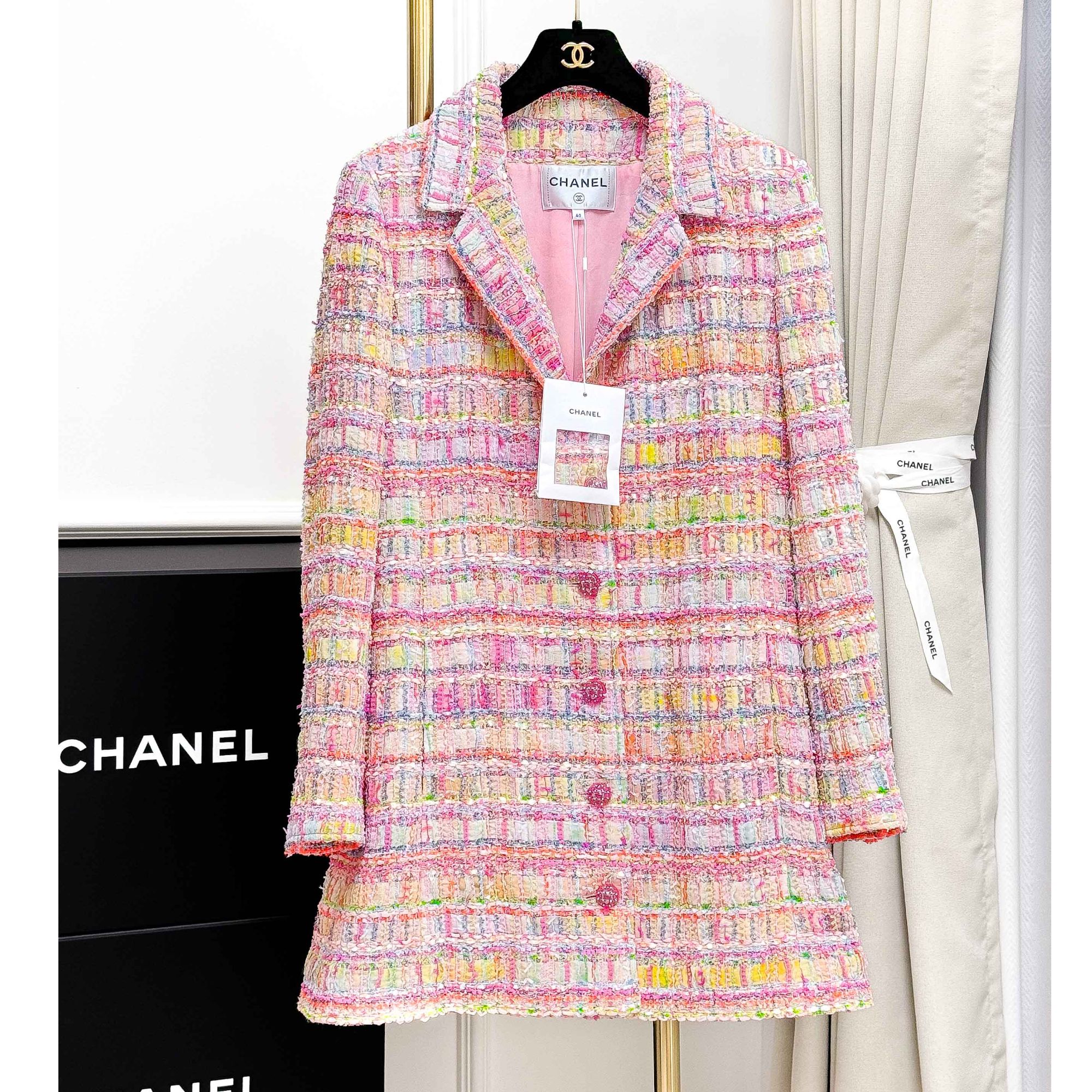 99新 Chanel/香奈儿 40码24C早春粉彩细闪马赛克粗花呢长款外套 