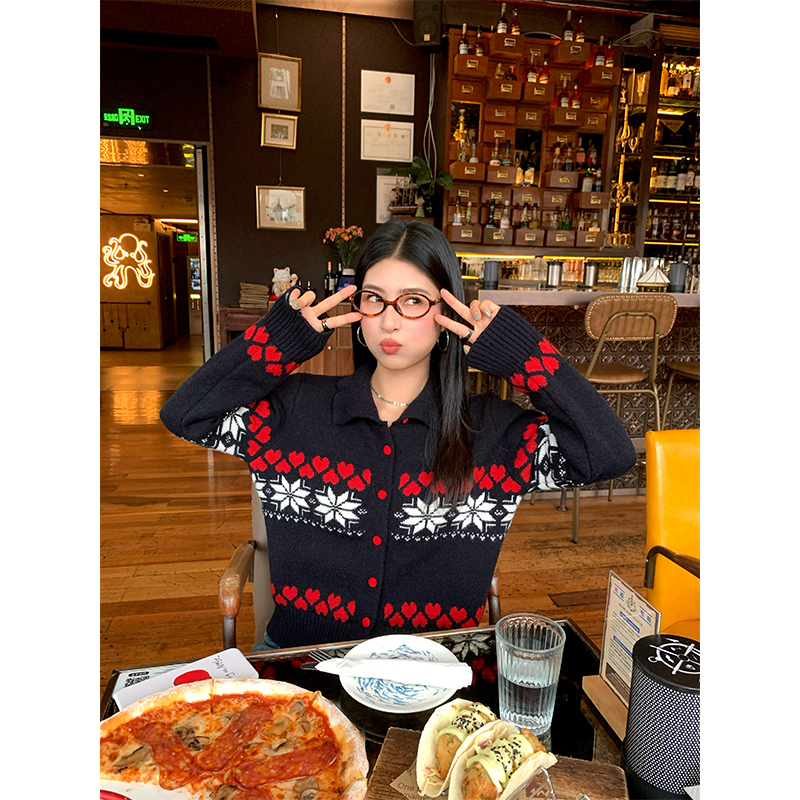 今屿花花 毛衣女2025新款冬提花宽松藏蓝色毛线衣小个子开衫上衣