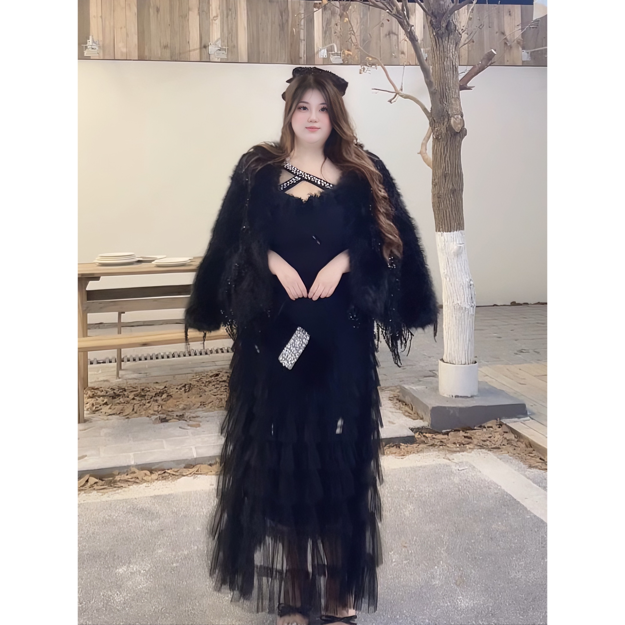 【蒂安娜小姐】黑色法式重工亮片流苏环保毛毛外套女冬季短外套大衣