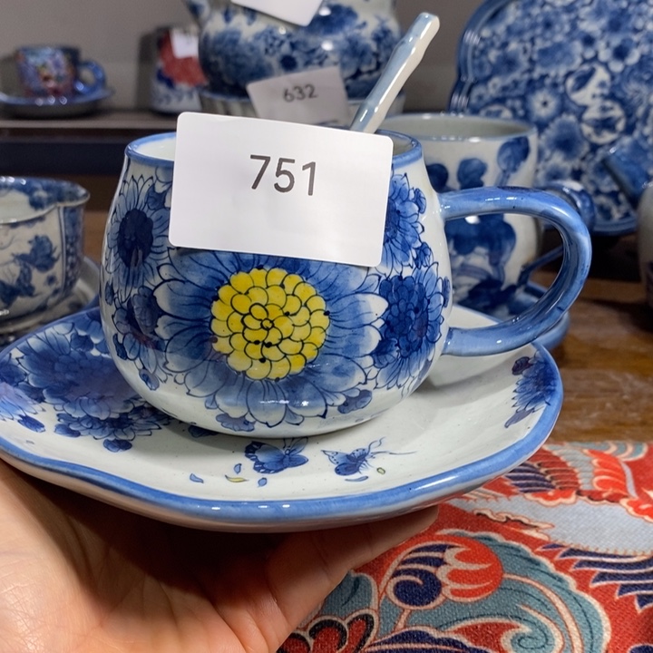 青花瓷景德镇手绘向日葵咖啡杯套组