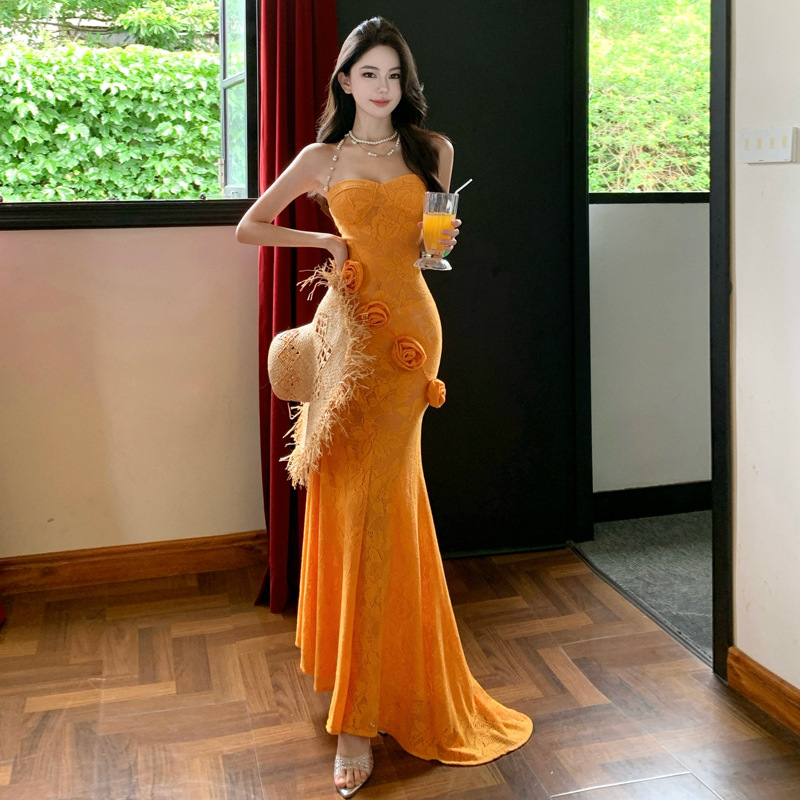 法式绝美氛围感纯欲立体花朵抹胸连衣裙性感修身礼服鱼尾包臀长裙