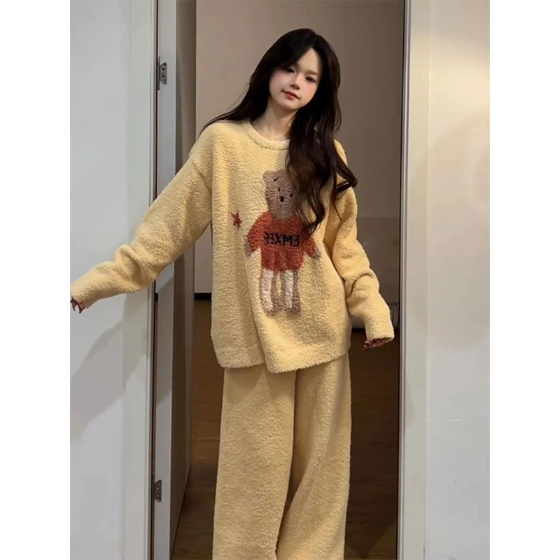 韩系可爱小熊半边绒睡衣女秋冬新款甜美少女保暖可外穿家居服套装