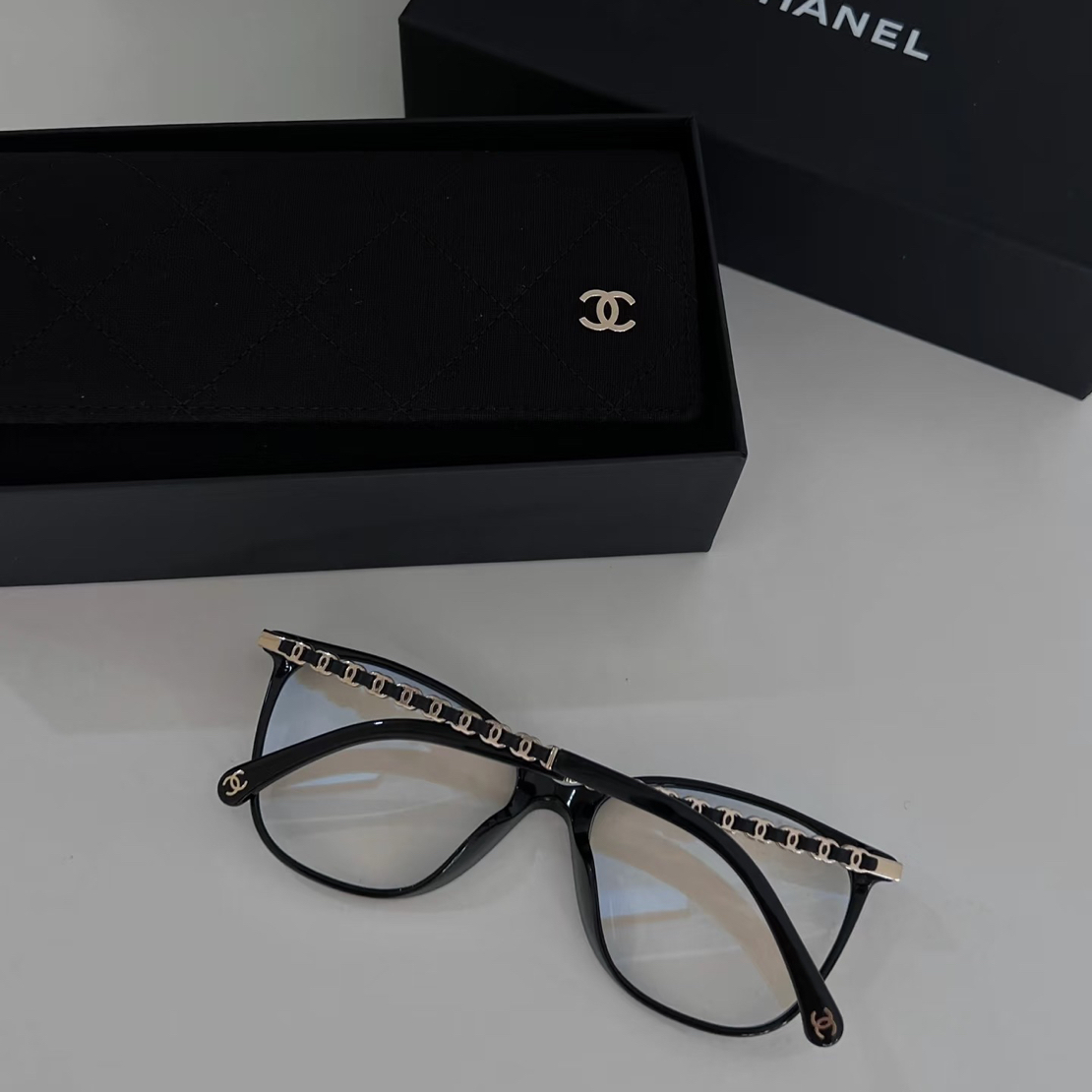 未使用 Chanel/香奈儿 ch3408 小羊皮链条镜腿 平光眼镜 素颜镜