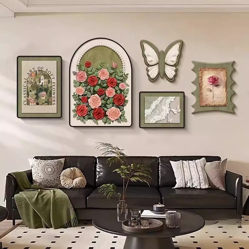 中古风客厅装饰画蝴蝶玫瑰沙发背景墙壁画法式复古奶油风组合挂画