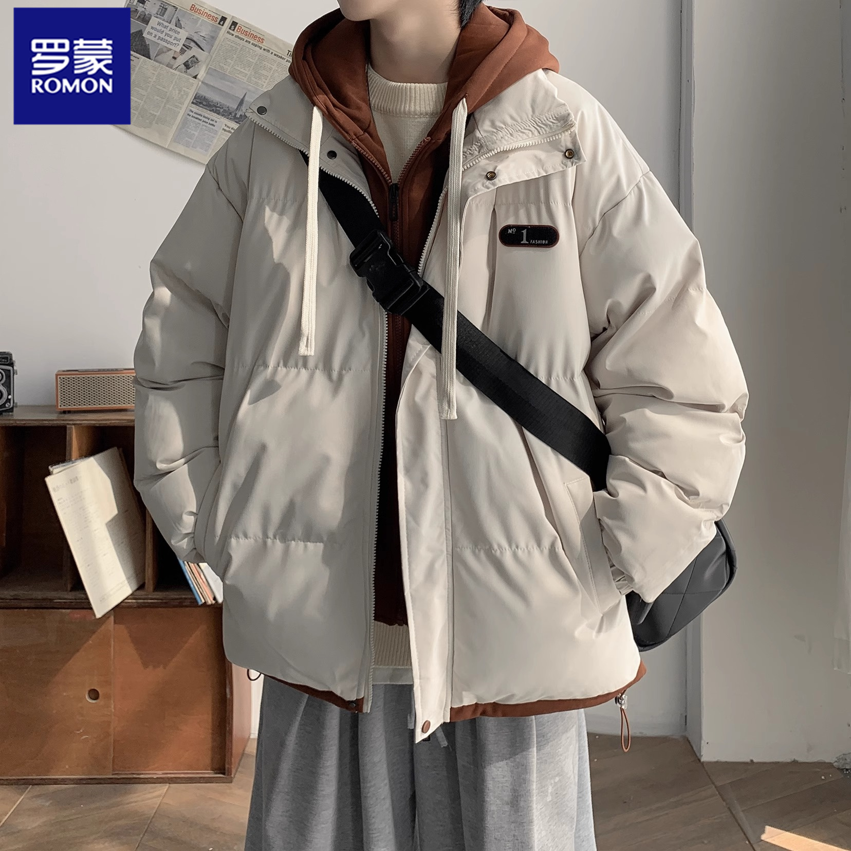 Romon/罗蒙假两件棉服男款冬季宽松休闲加厚保暖棉衣外套连帽棉袄