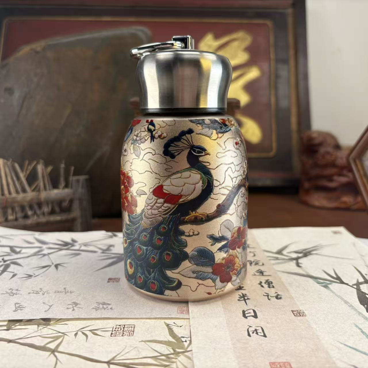 国风孔雀保温杯-5208-0104