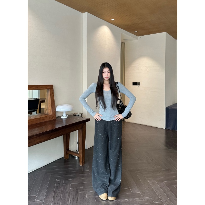 withmin凉皮 秋冬深灰烫钻松紧腰抽绳设计波点直筒休闲裤N2600556