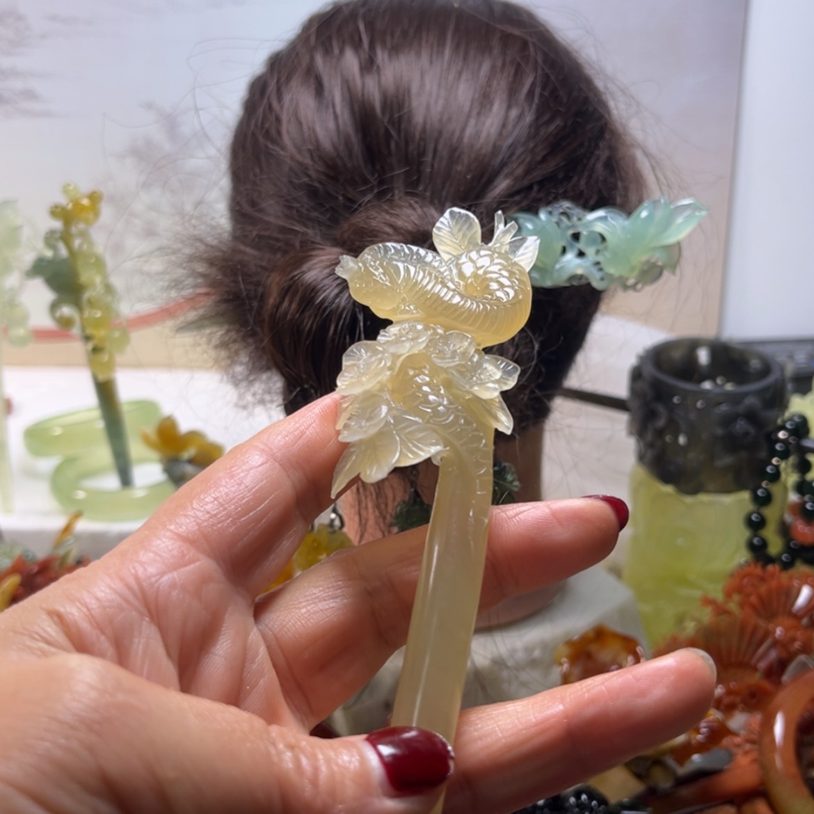 【闪购商品】蛇纹石玉发饰合金陈*美